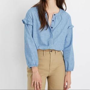 Madewell Denim Collarless Ruffle-Sleeve Shirt size XS